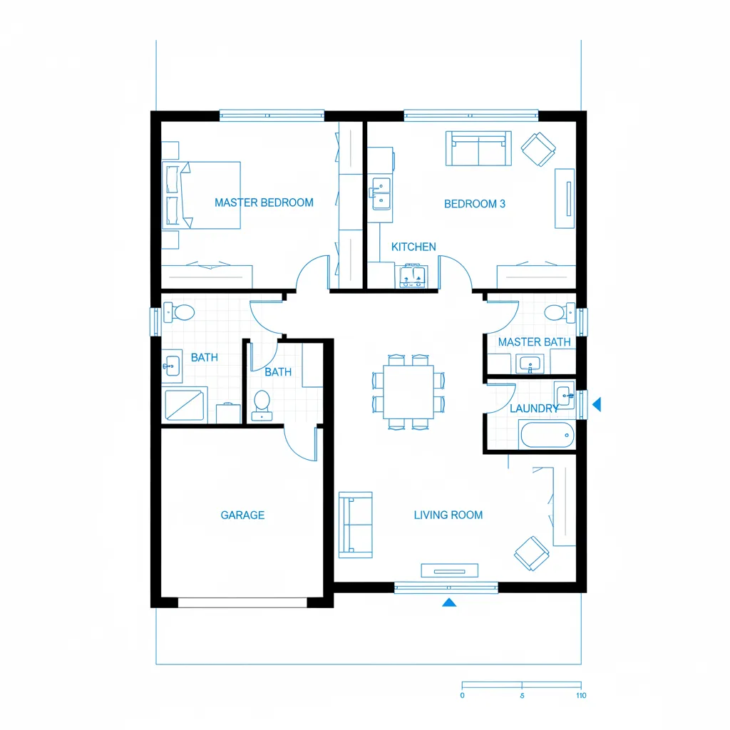 Architectural 2D floor plan layout of a three bedroom house