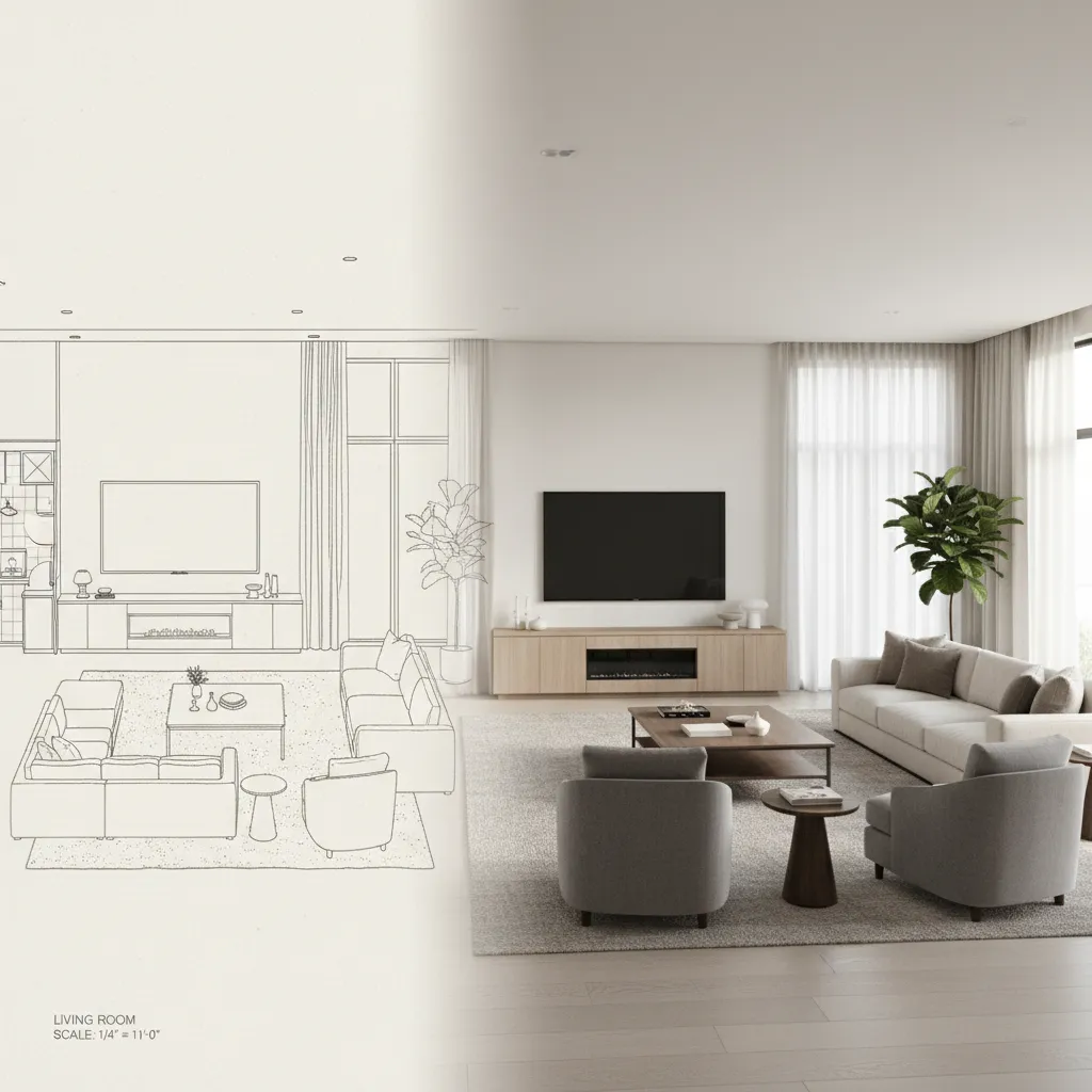comparison showing 2D floor plan transforming into a 3D interior layout visualization