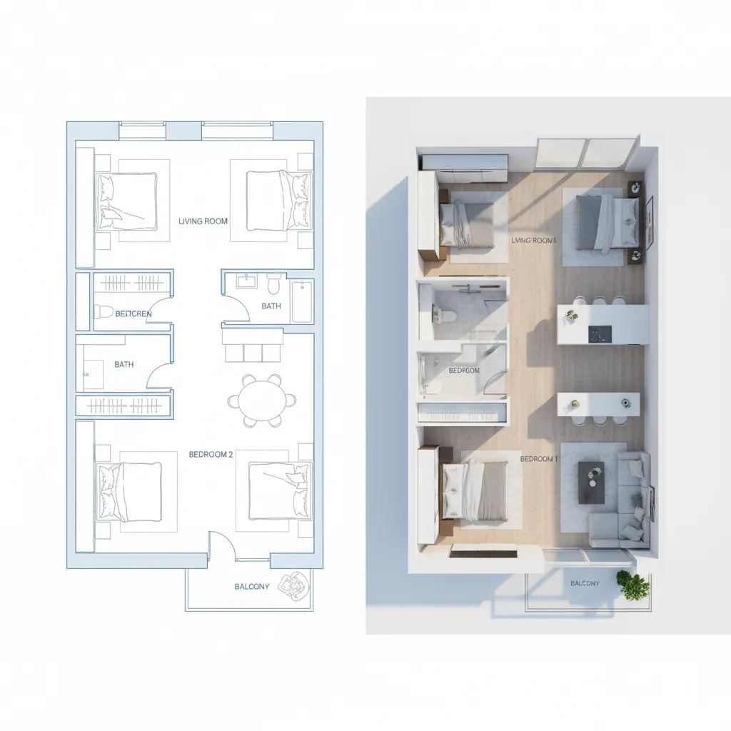 2D floor plan transforming into a 3D home interior layout