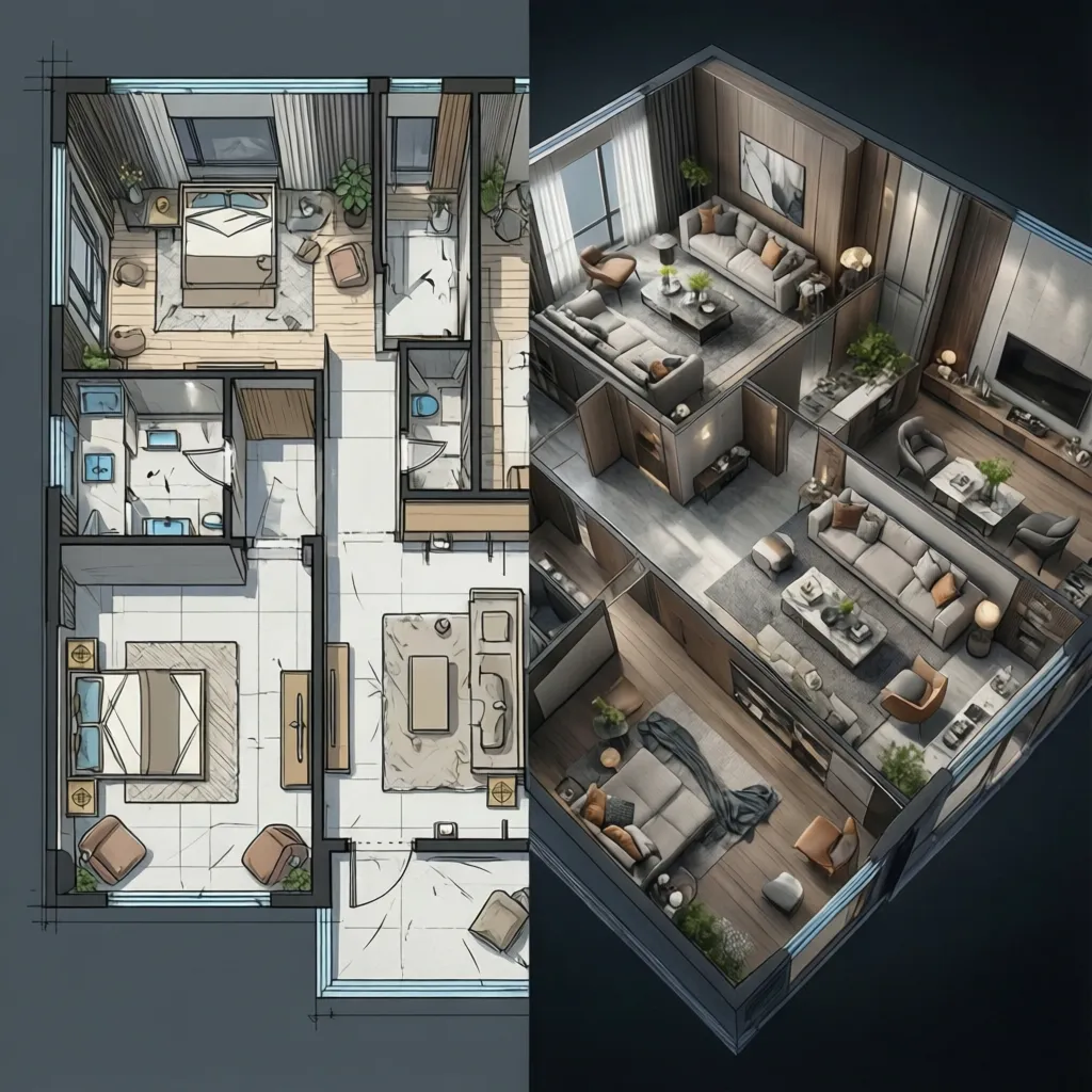 Example of a 2D architectural floor plan beside its generated 3D interior model