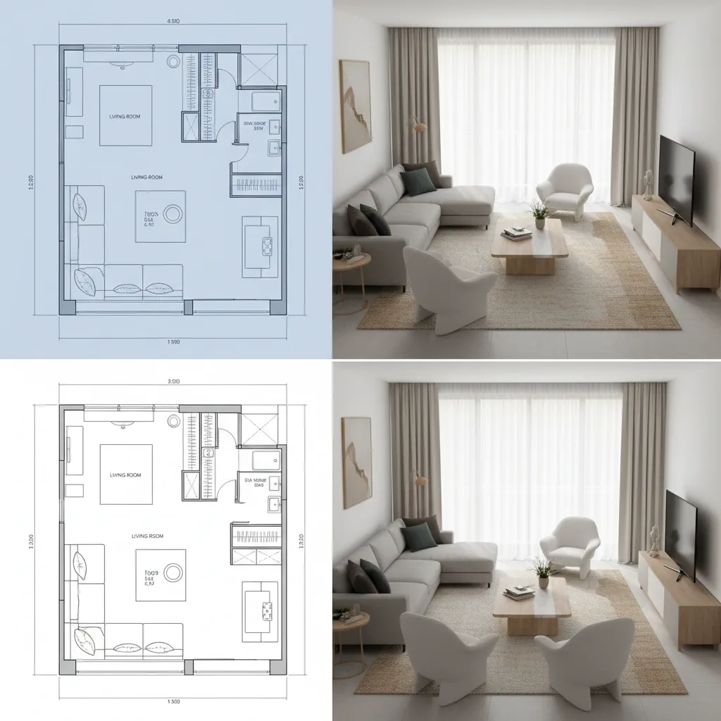 2D floor plan transitioning into 3D interior visualization