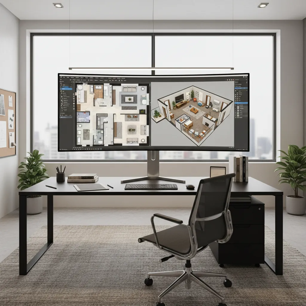 designer converting a 2D floor plan into a 3D interior model on a computer screen