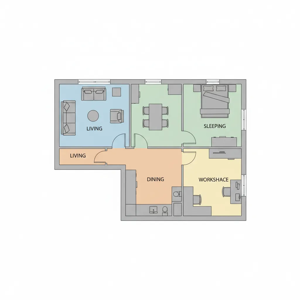 2D floor plan diagram highlighting living sleeping and dining zones in a compact apartment