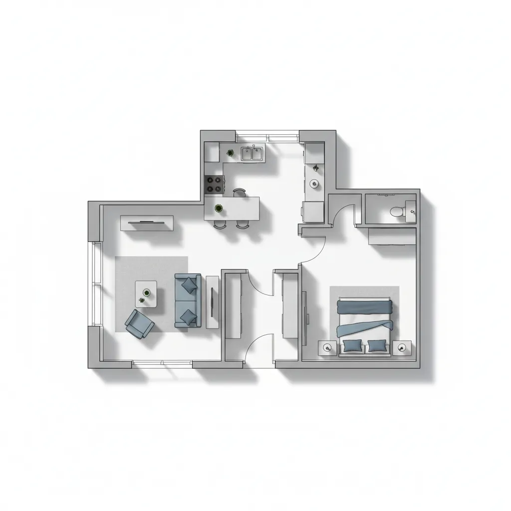 2D home floor plan layout with labeled rooms and furniture placement