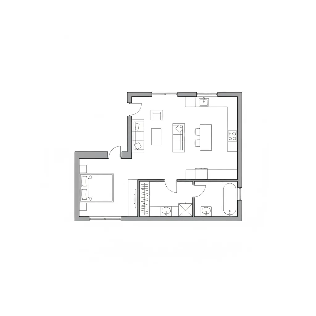 Bản vẽ mặt bằng nhà 2D đơn giản với phòng khách bếp và phòng ngủ