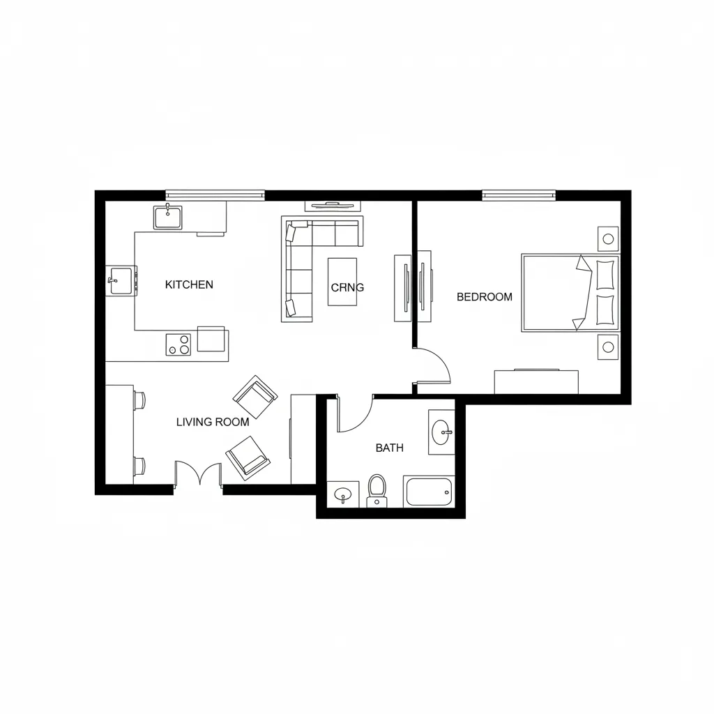 Plano 2D de una vivienda con distribución de habitaciones y muebles