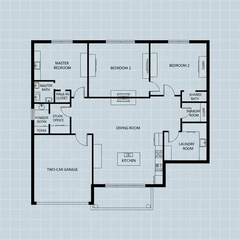 Plano 2D de vivienda con habitaciones y medidas