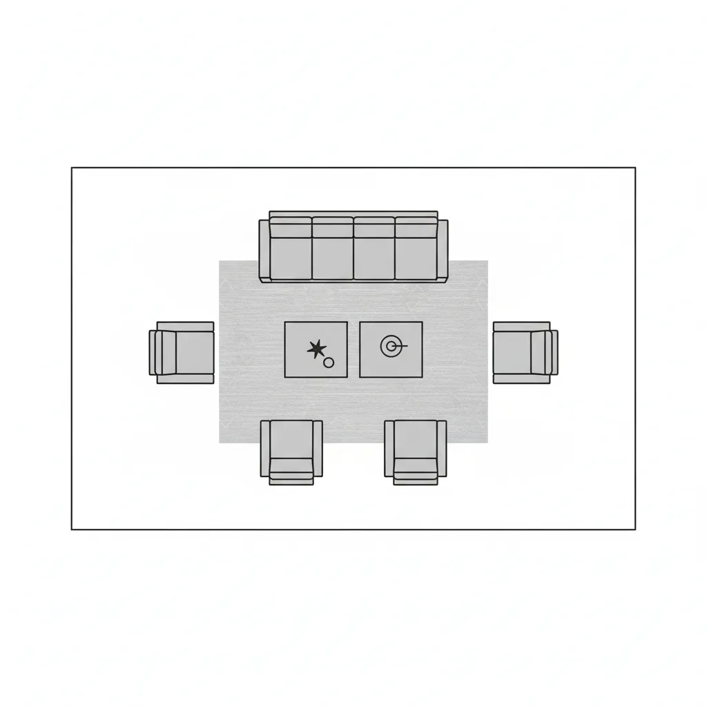 Clean 2D living room layout planner floor plan with sofa, chairs and coffee table