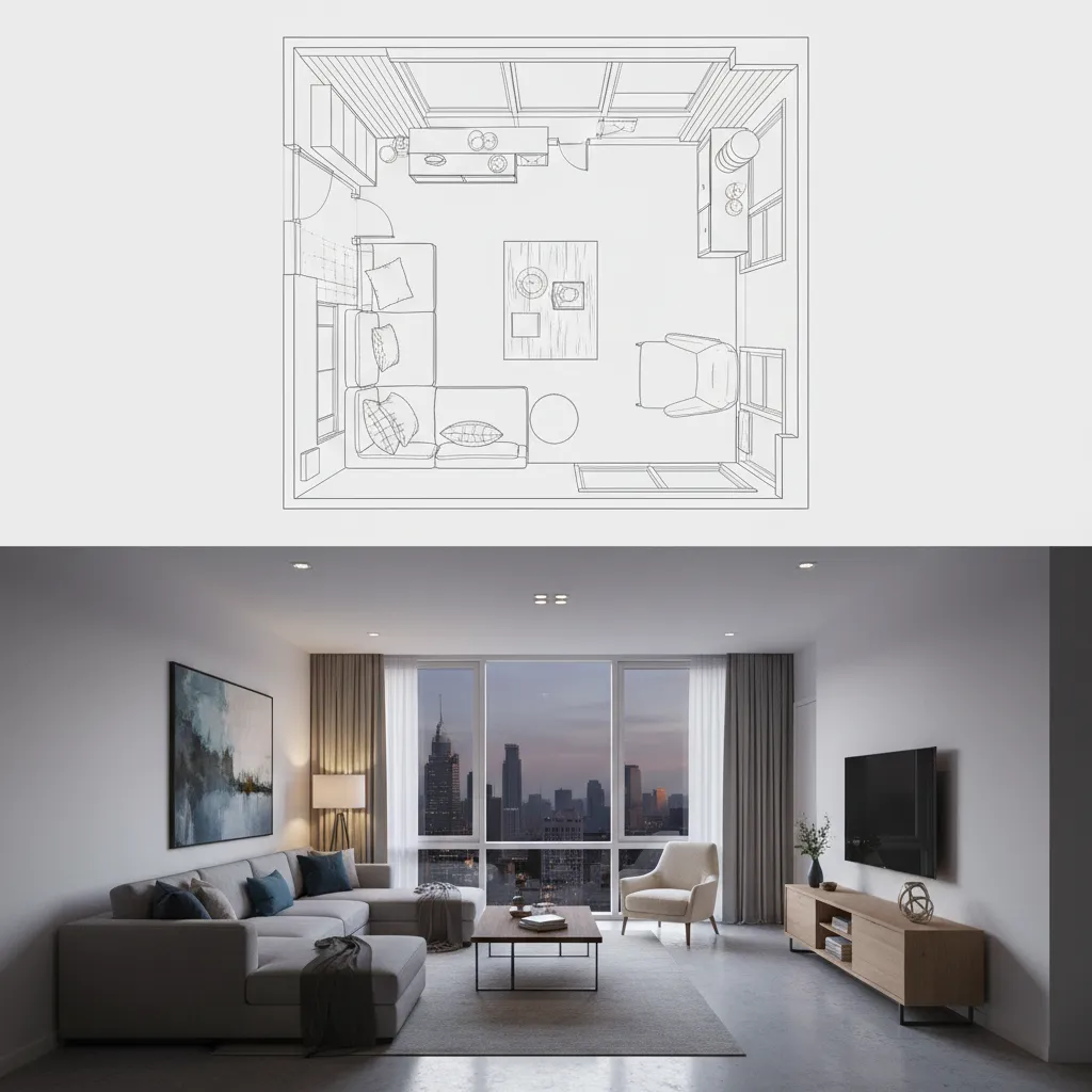 Comparación entre plano 2D y visualización 3D de un interior