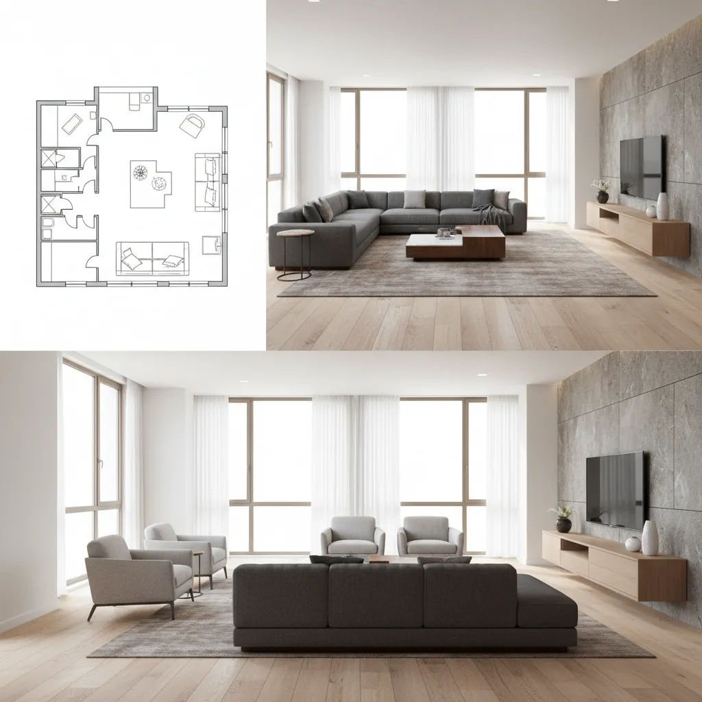 split view showing 2D floor plan transforming into realistic 3D interior rendering