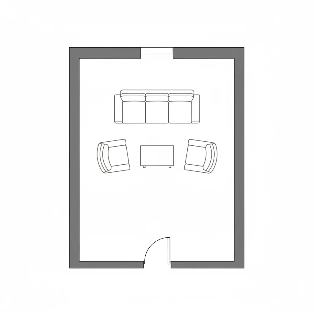 Top down 2D living room floor plan with sofa coffee table and walkway spacing
