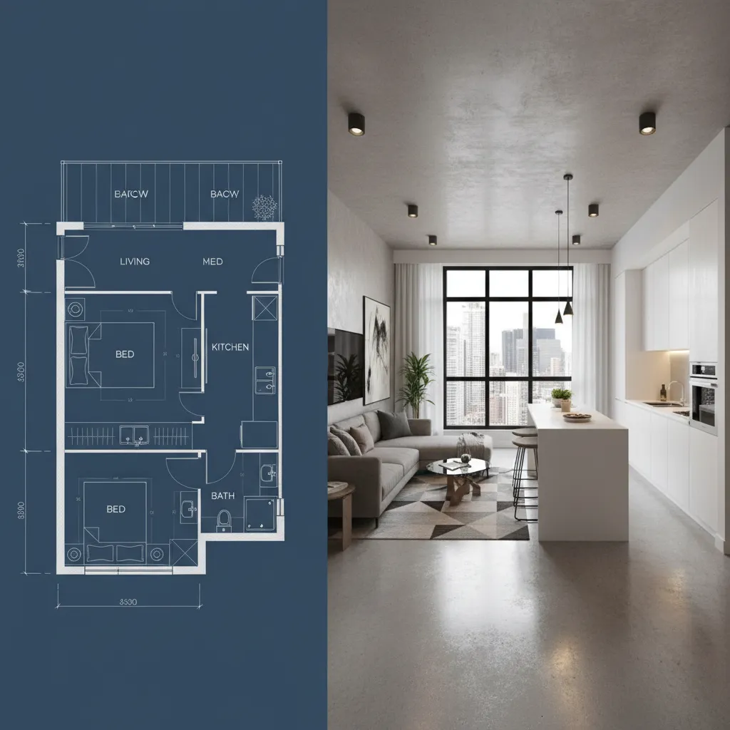 Comparación entre plano 2D y modelo 3D de una vivienda