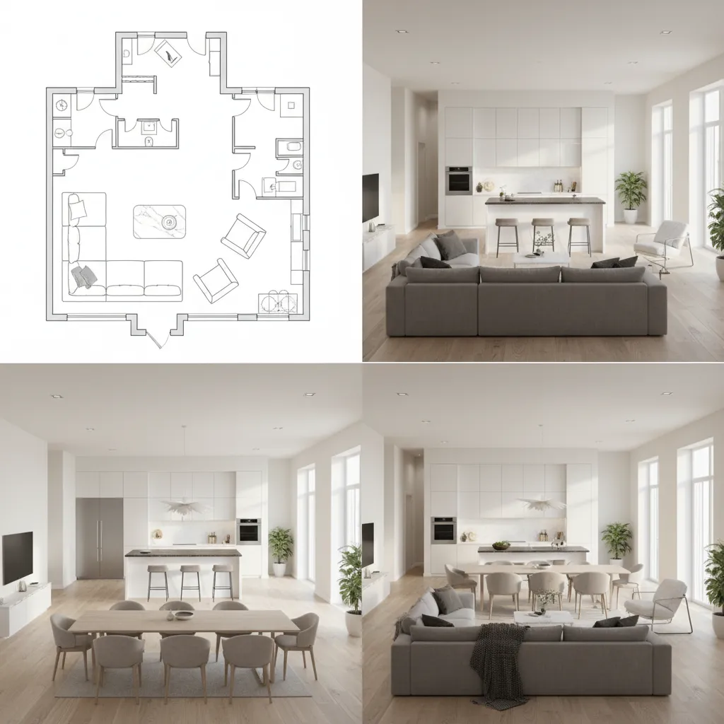 Side by side 2D and 3D floor plan visualization of a house layout