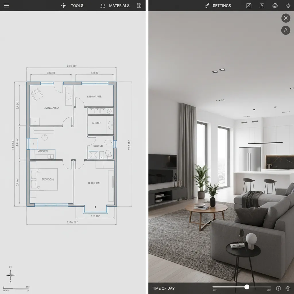 2D floor plan converting into a 3D room preview inside design software