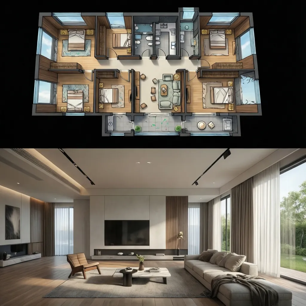Top view 3D floor plan layout above a modern living room interior design drawing view