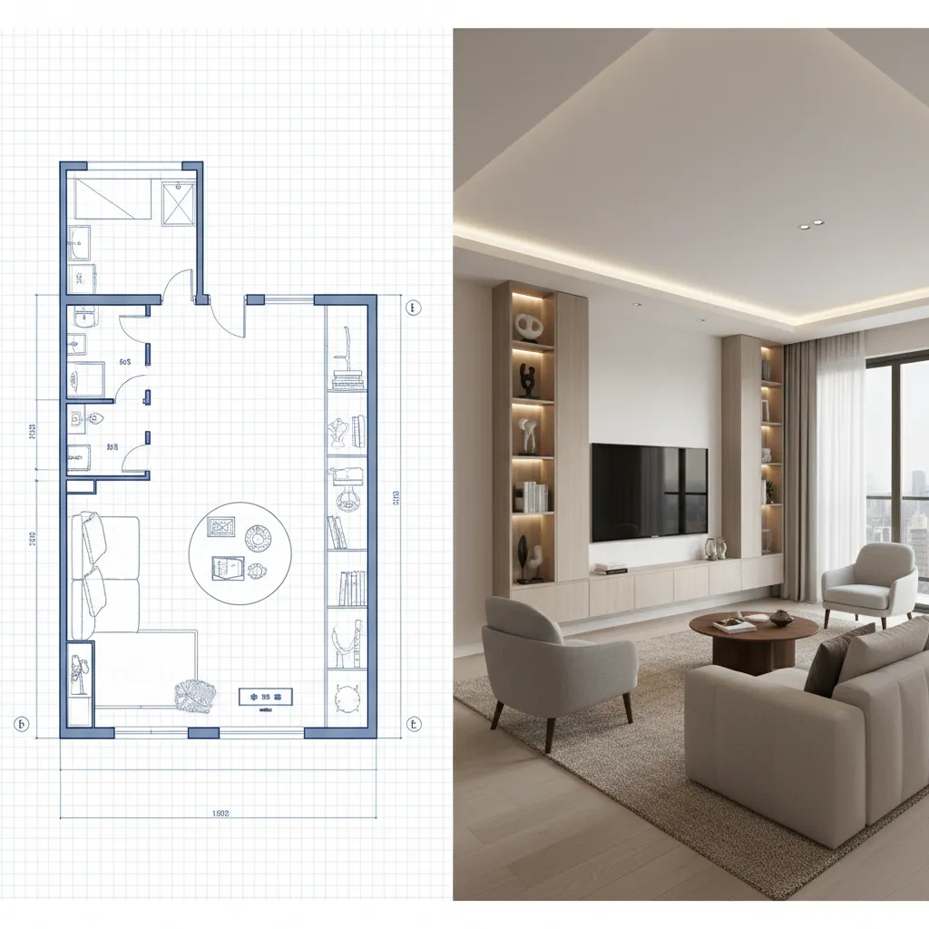 Split screen showing a 2D floor plan turning into a 3D room visualization