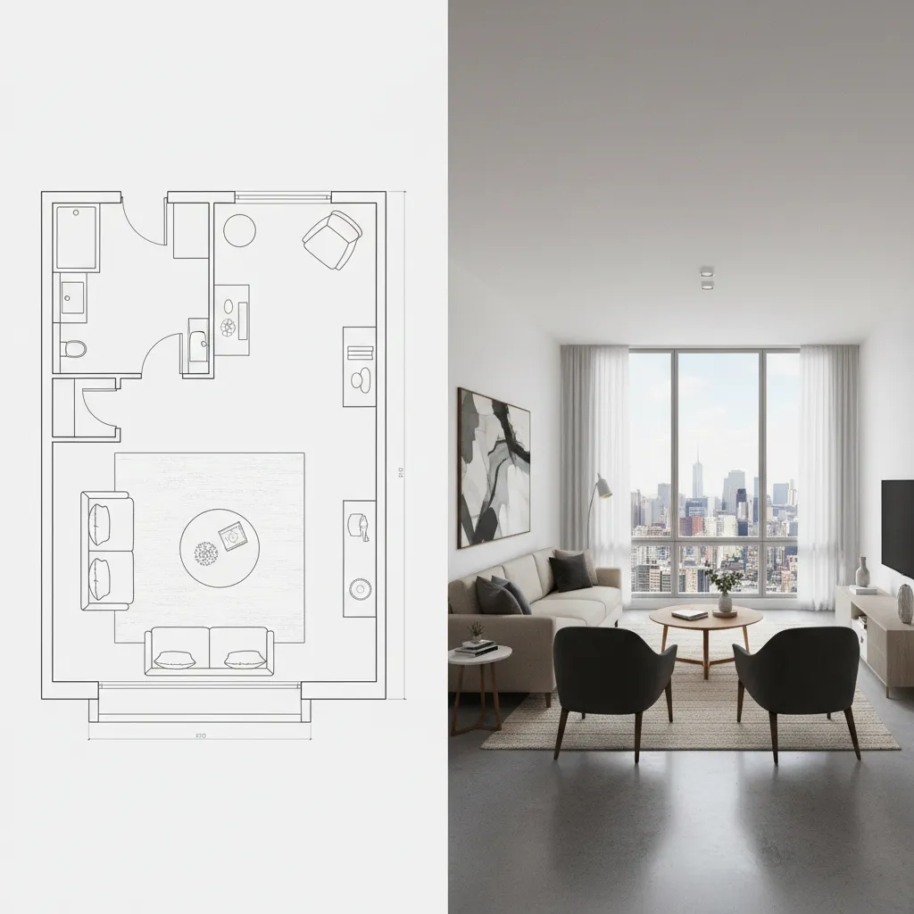 comparison of 2D floor plan and 3D room visualization in design app