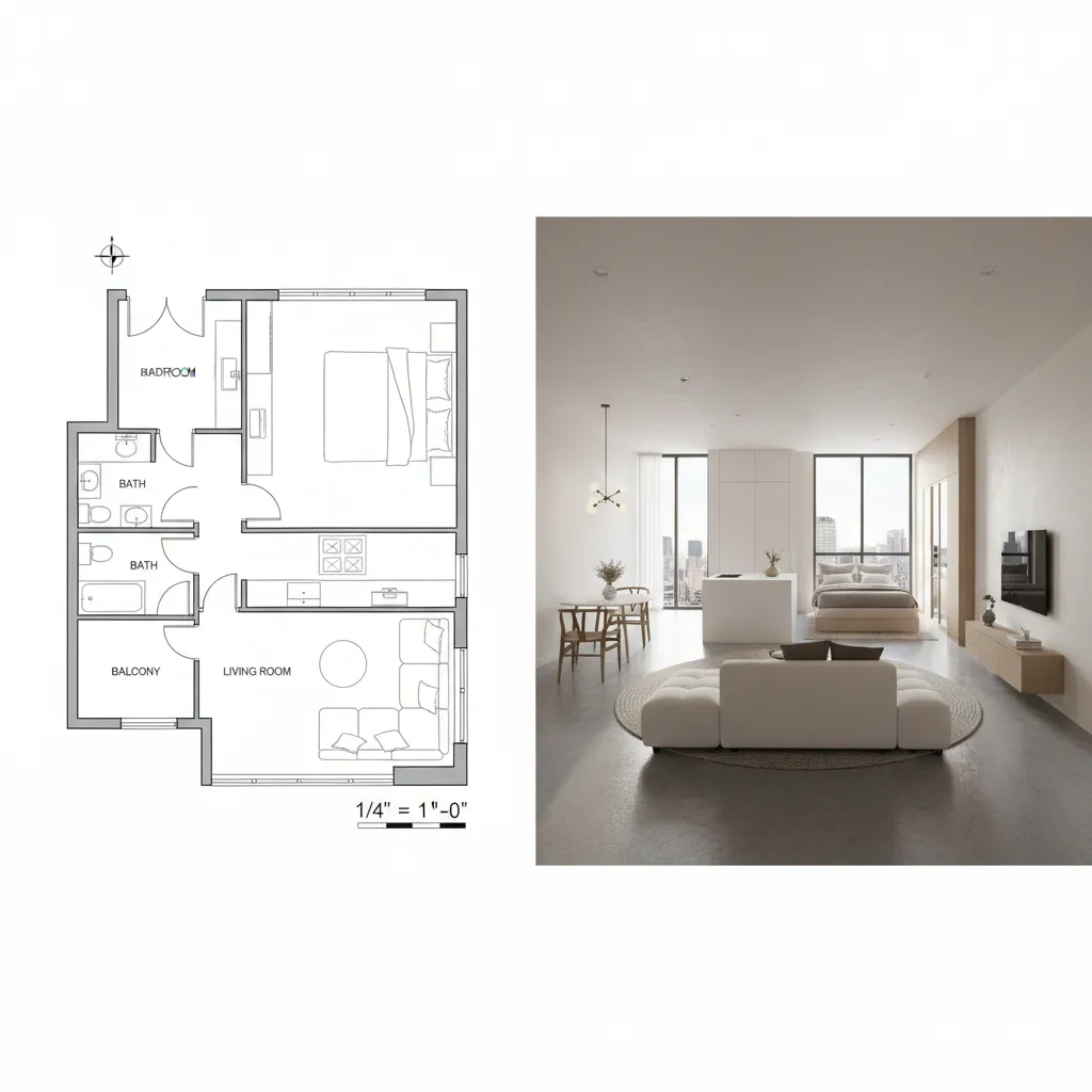 Side by side 2D and 3D floor plan visualization of a small apartment layout