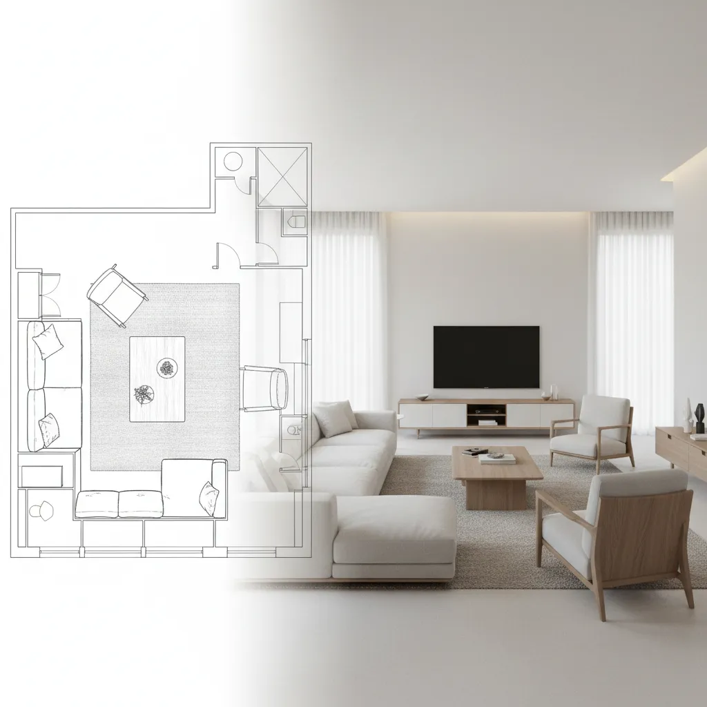 2D floor plan transitioning into realistic 3D interior visualization