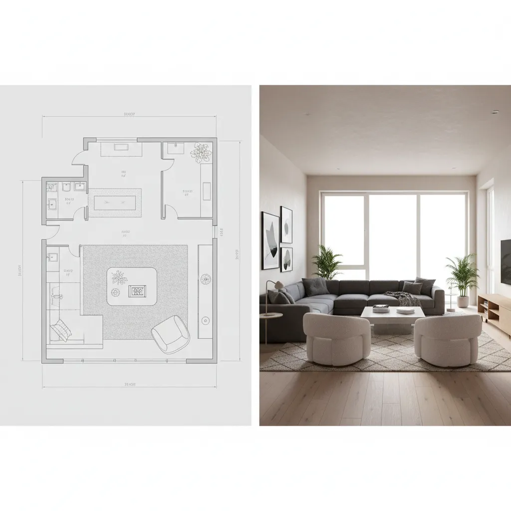 Transition from 2D floor plan to 3D interior layout visualization
