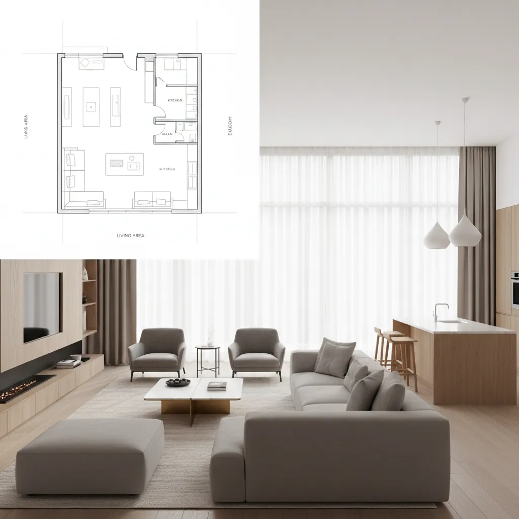 Split screen showing 2D floor plan turning into realistic 3D room layout