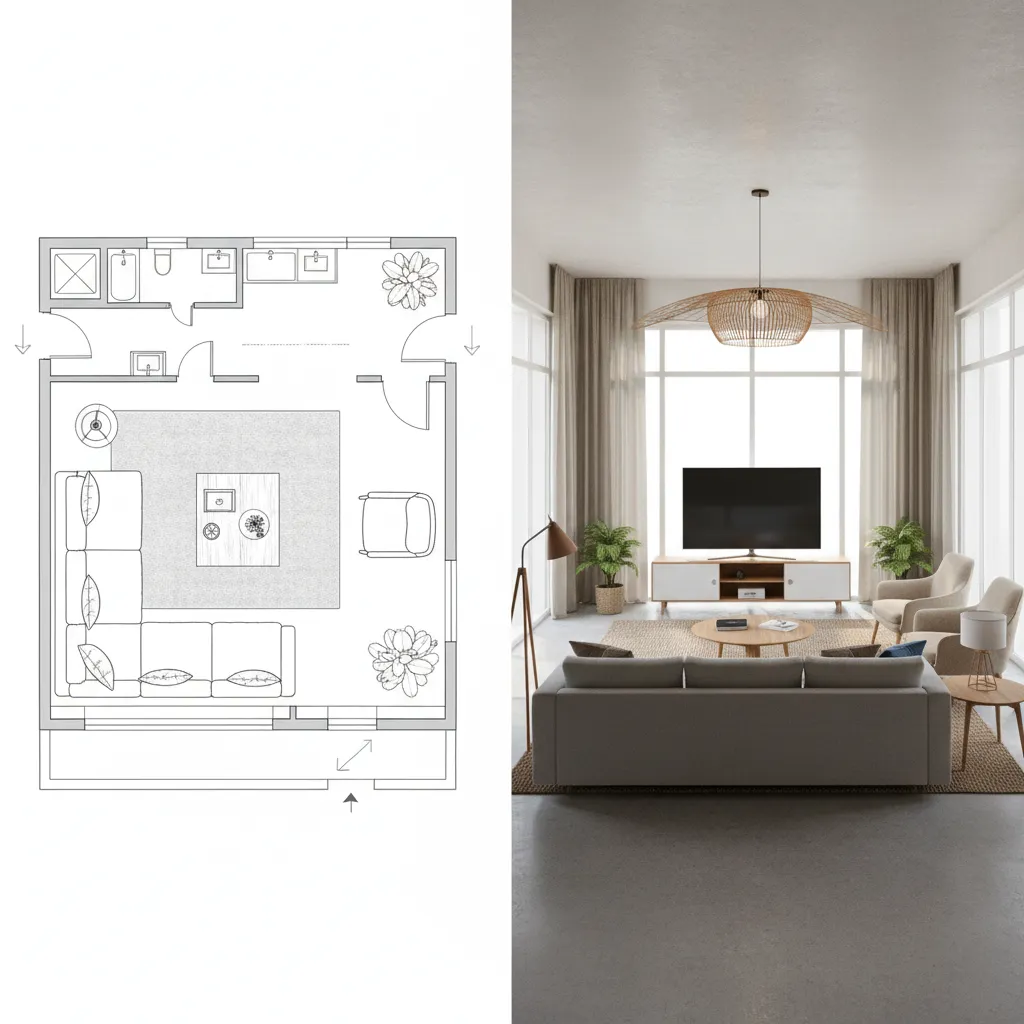 Comparison of 2D floor plan layout and 3D room visualization for interior planning