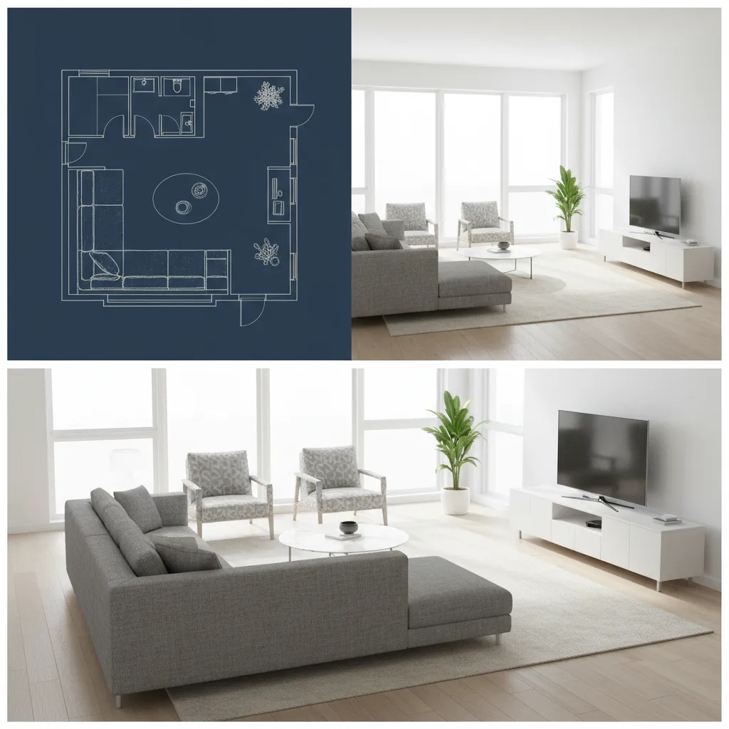 comparison of 2D floor plan and 3D room visualization