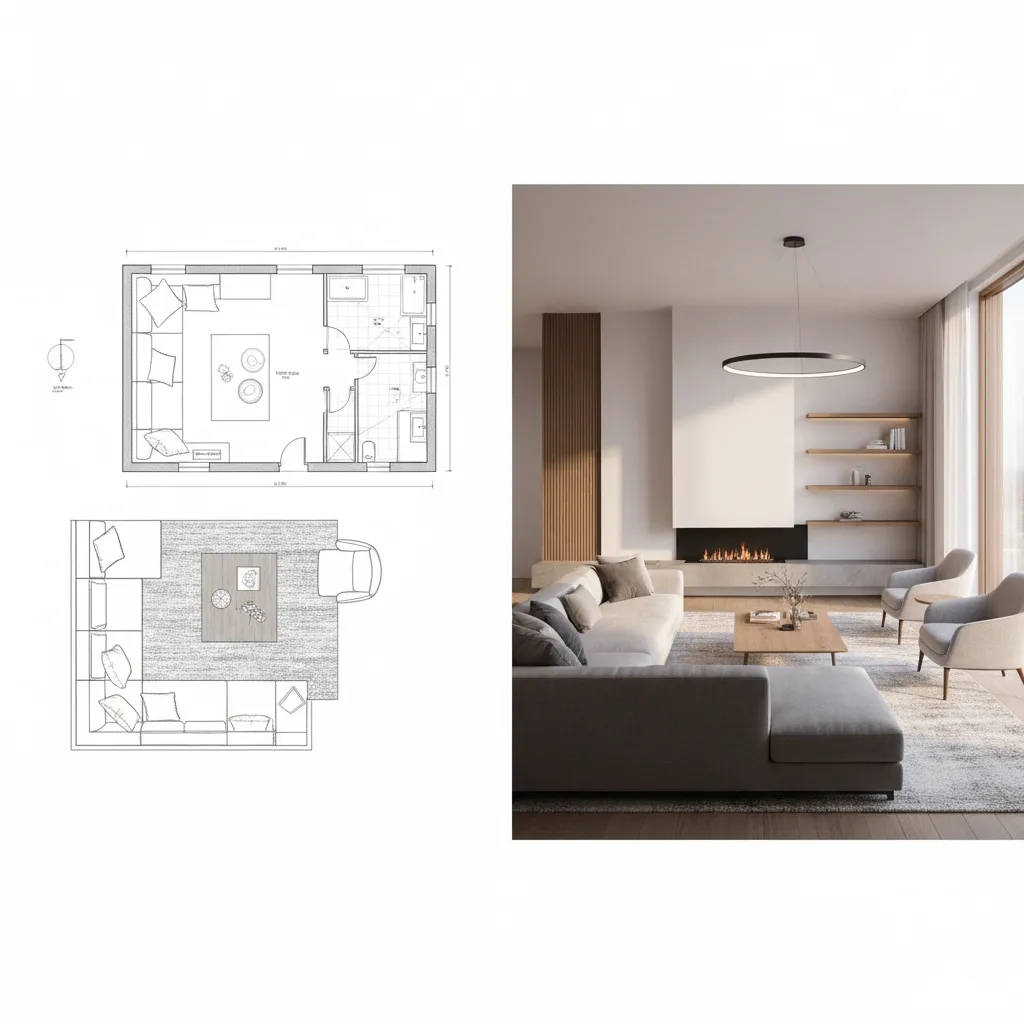 2D floor plan transitioning into 3D room visualization