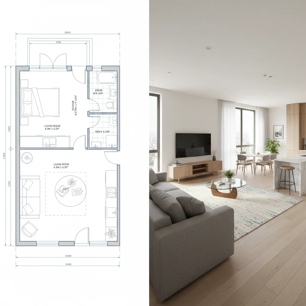 comparison of 2D floor plan and 3D room visualization generated by design software