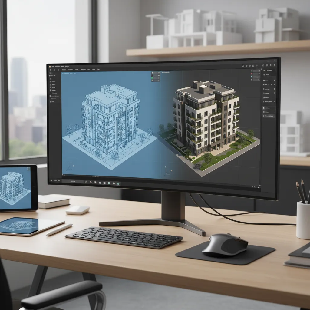 Visualization of workflow from 2D architectural plan to 3D floor plan model