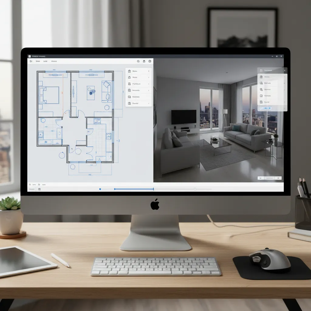 floorplan software interface showing 2D layout and 3D room preview