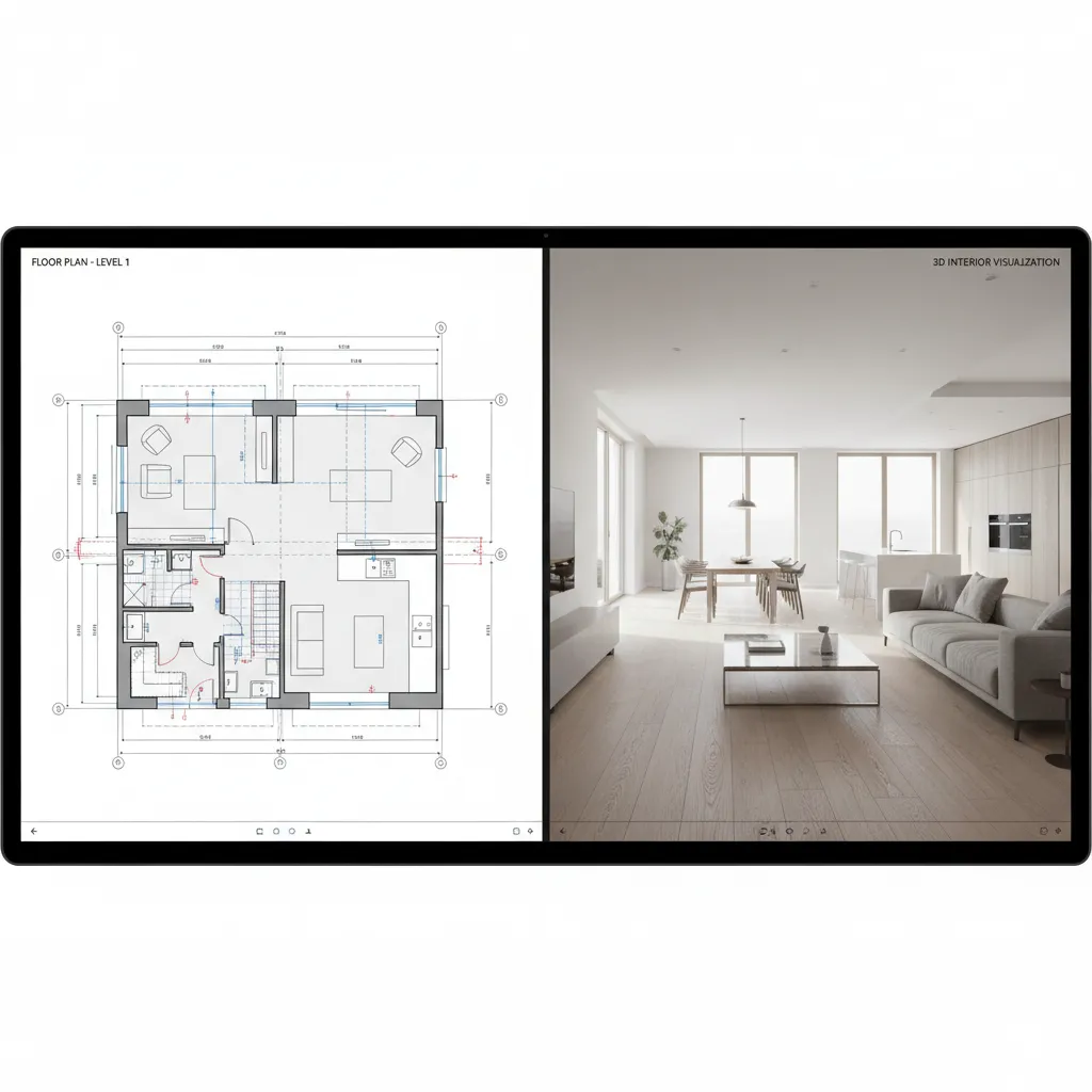 Example of 2D floor plan transitioning into 3D room visualization in home design software