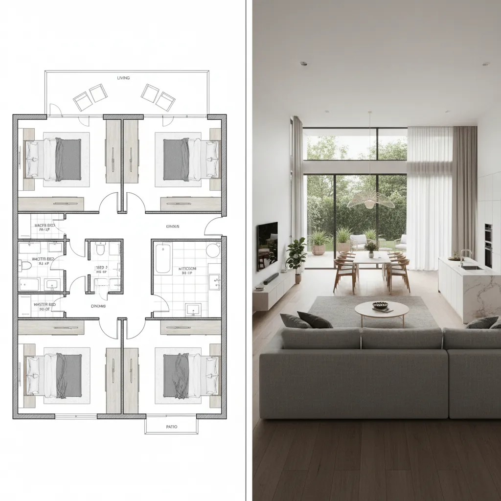 So sánh bản vẽ nhà 2D và mô hình 3D của cùng một ngôi nhà