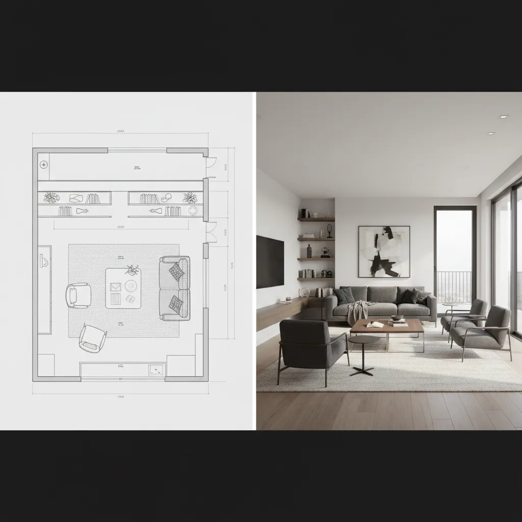 Side by side 2D floor plan and 3D room visualization in home design software