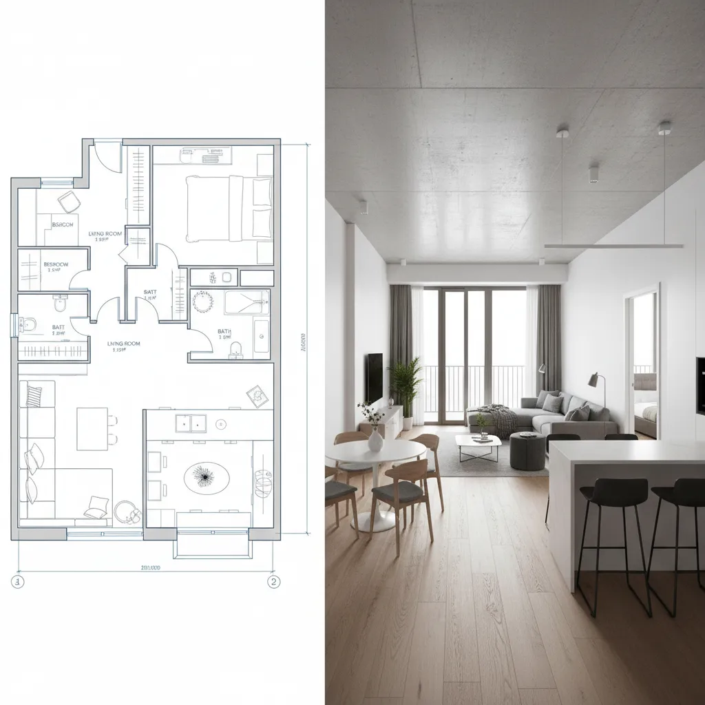 Side by side comparison of 2D apartment floor plan and 3D interior visualization