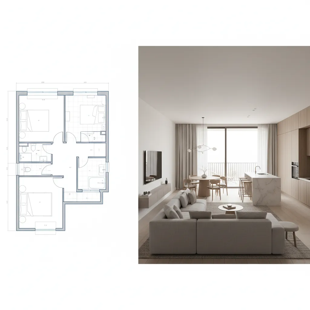 Comparison of 2D apartment floor plan and 3D interior visualization