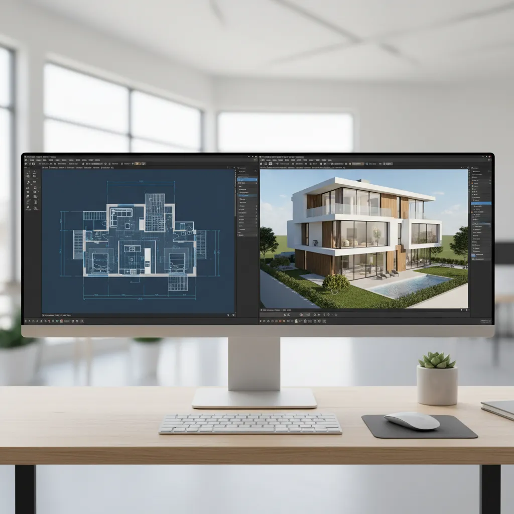 Side by side comparison of 2D drafting and 3D CAD modeling workspace