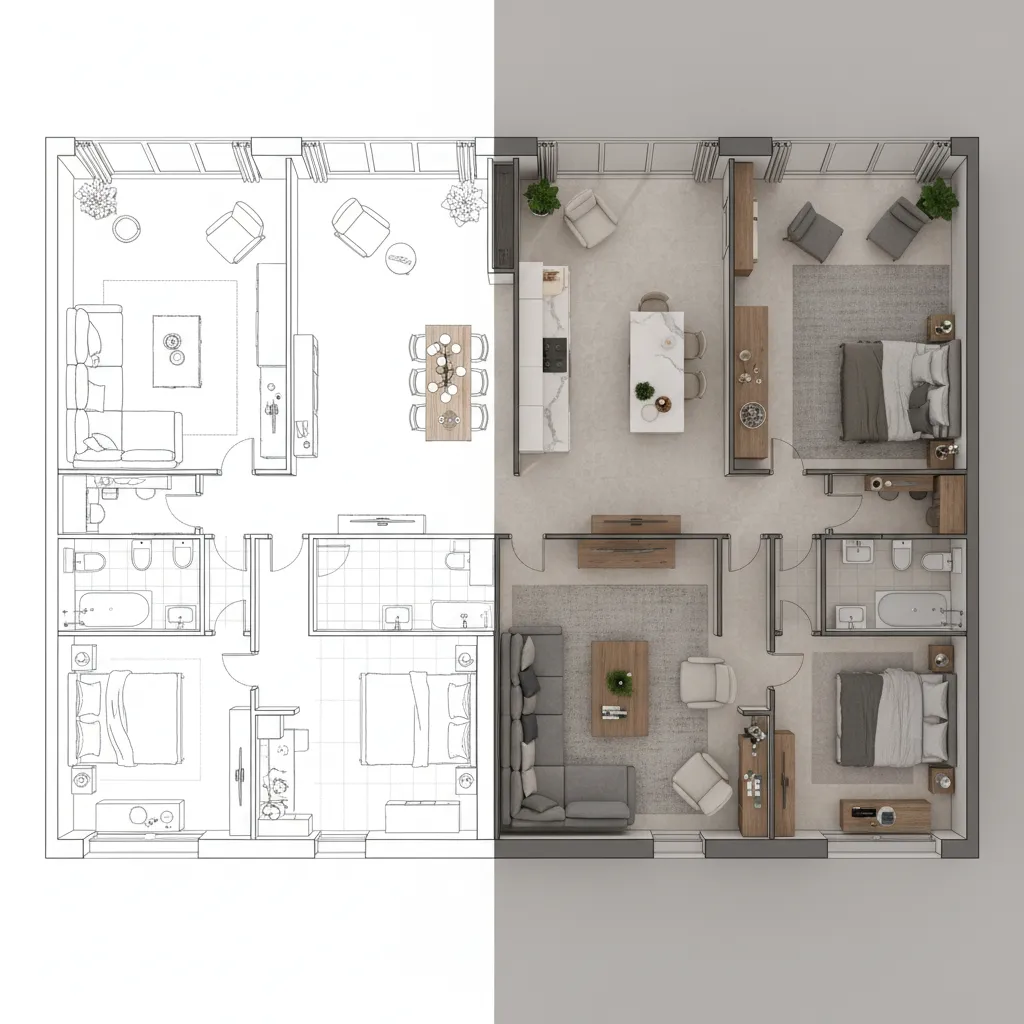 comparison of 2D floor plan drawing and 3D furnished floor plan render