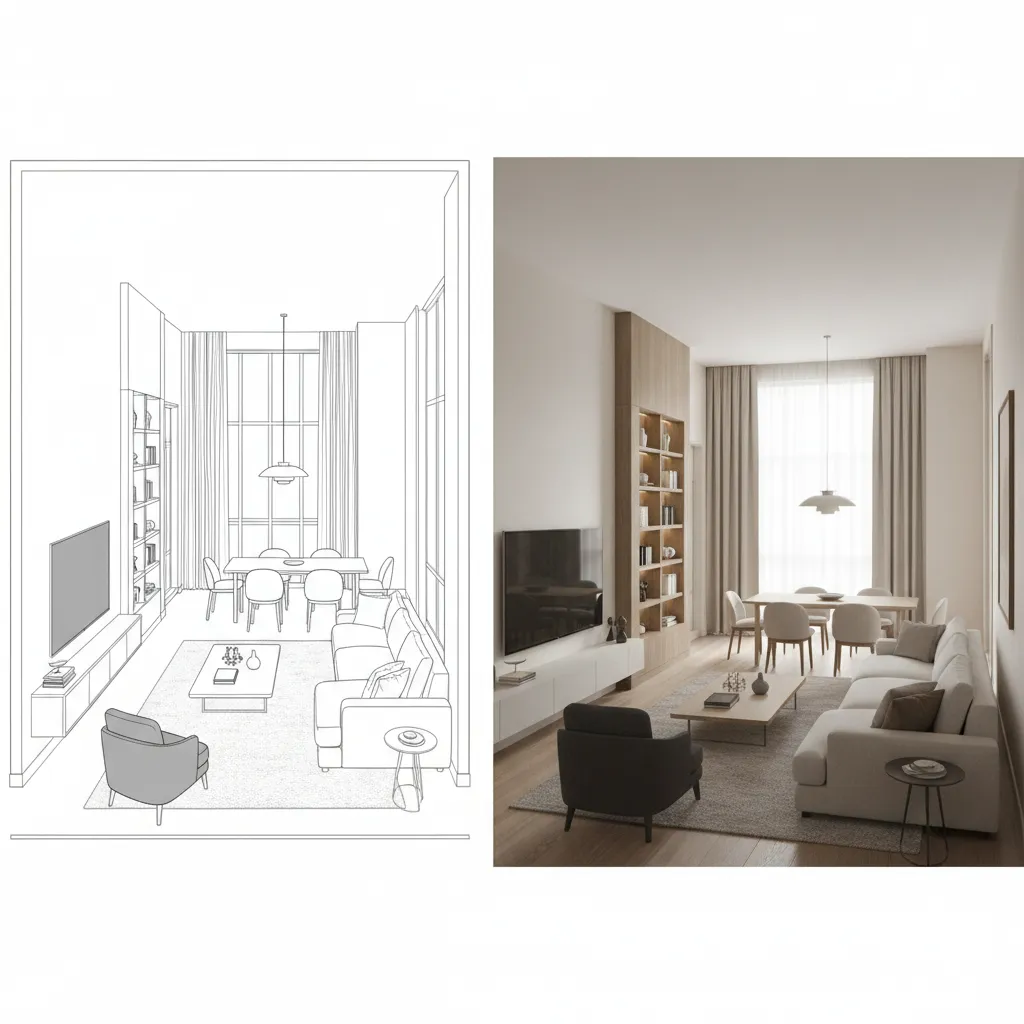 comparison between 2D floor plan layout and 3D room visualization