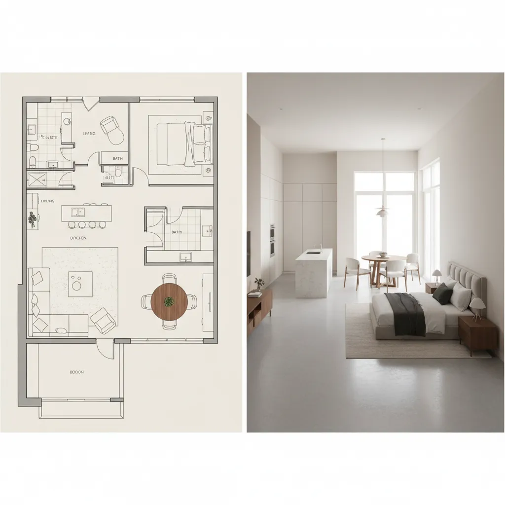 Comparison of 2D floor plan and 3D interior layout visualization