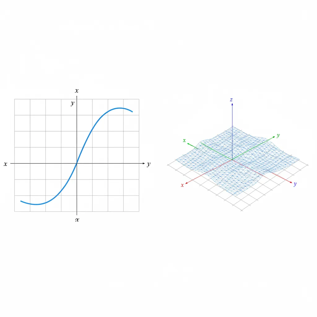 Comparison between a 2D function curve and a 3D surface plot