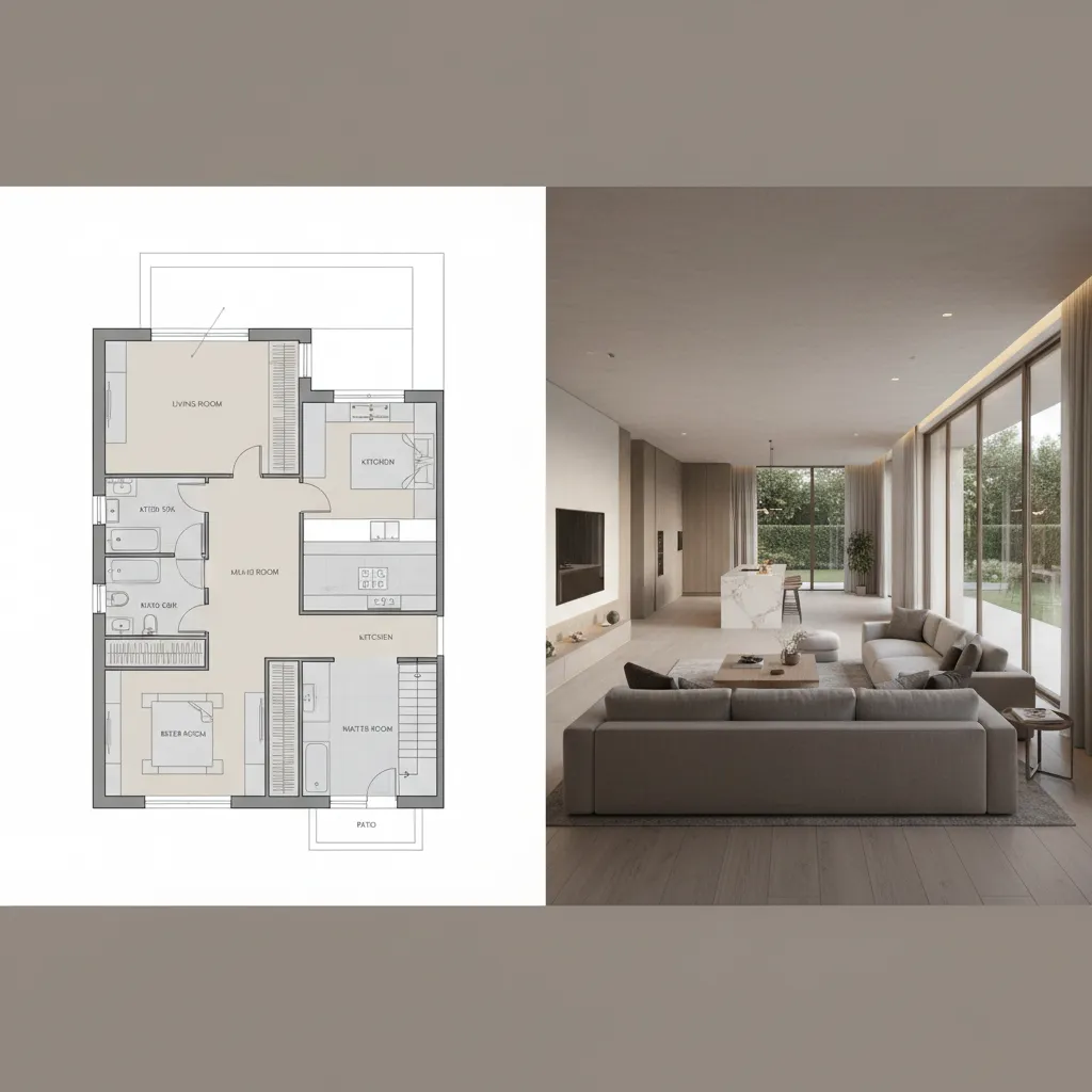 Split screen comparison of 2D floor plan and 3D house interior visualization