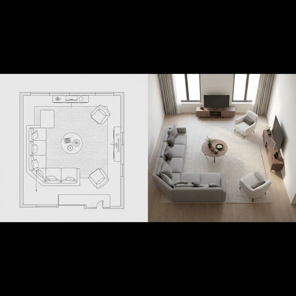 Side-by-side comparison of 2D floor plan and 3D room visualization