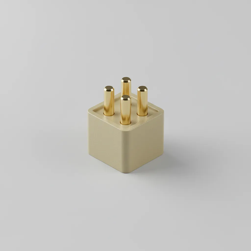 Interior design drawing of a beige square base with four gold pins on grey background