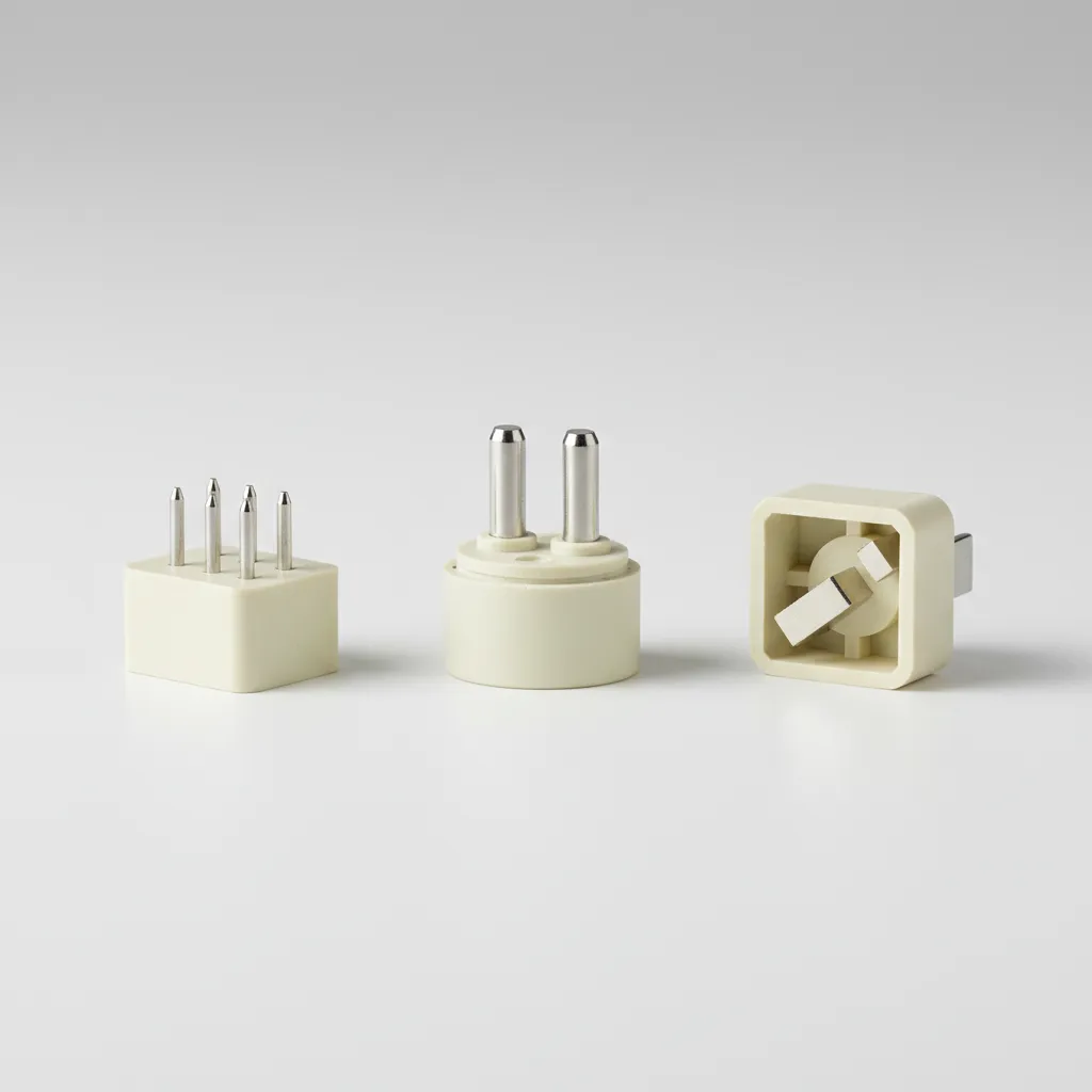 Comparison of three different small light bulb base caps with metal pins on white background