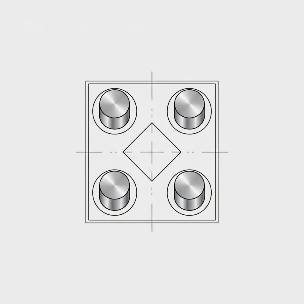 Top view drawing showing the square layout of four metal pins for a light bulb base