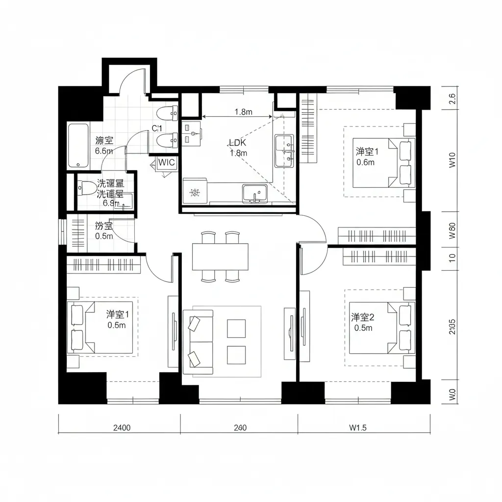 分節された玄関と静音キッチンの2LDK