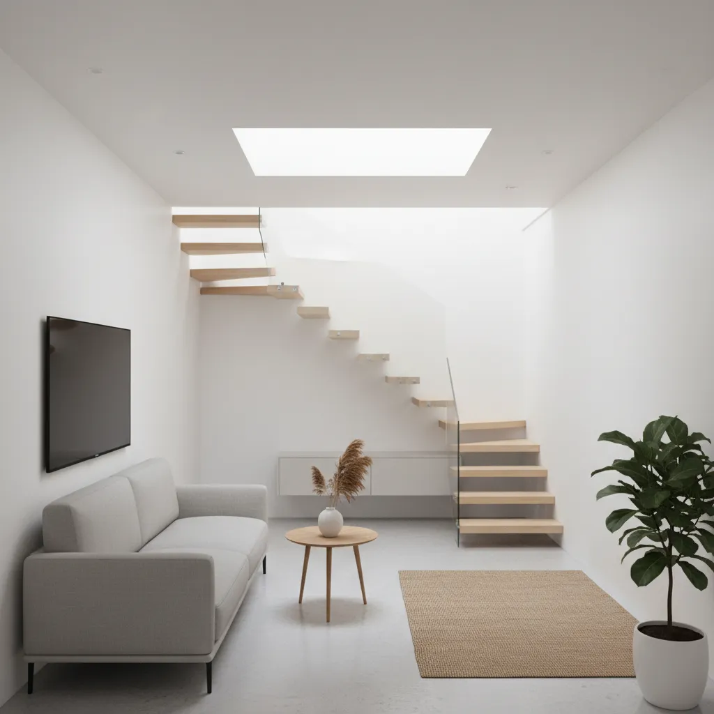 Minimalist white living room with grey sofa wooden coffee table floating stairs and roof window