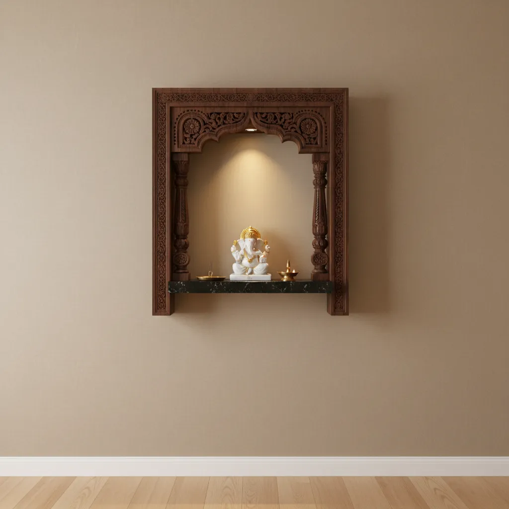 Minimal 2x2 pooja unit built into a wall niche with small idol platform and diya shelf