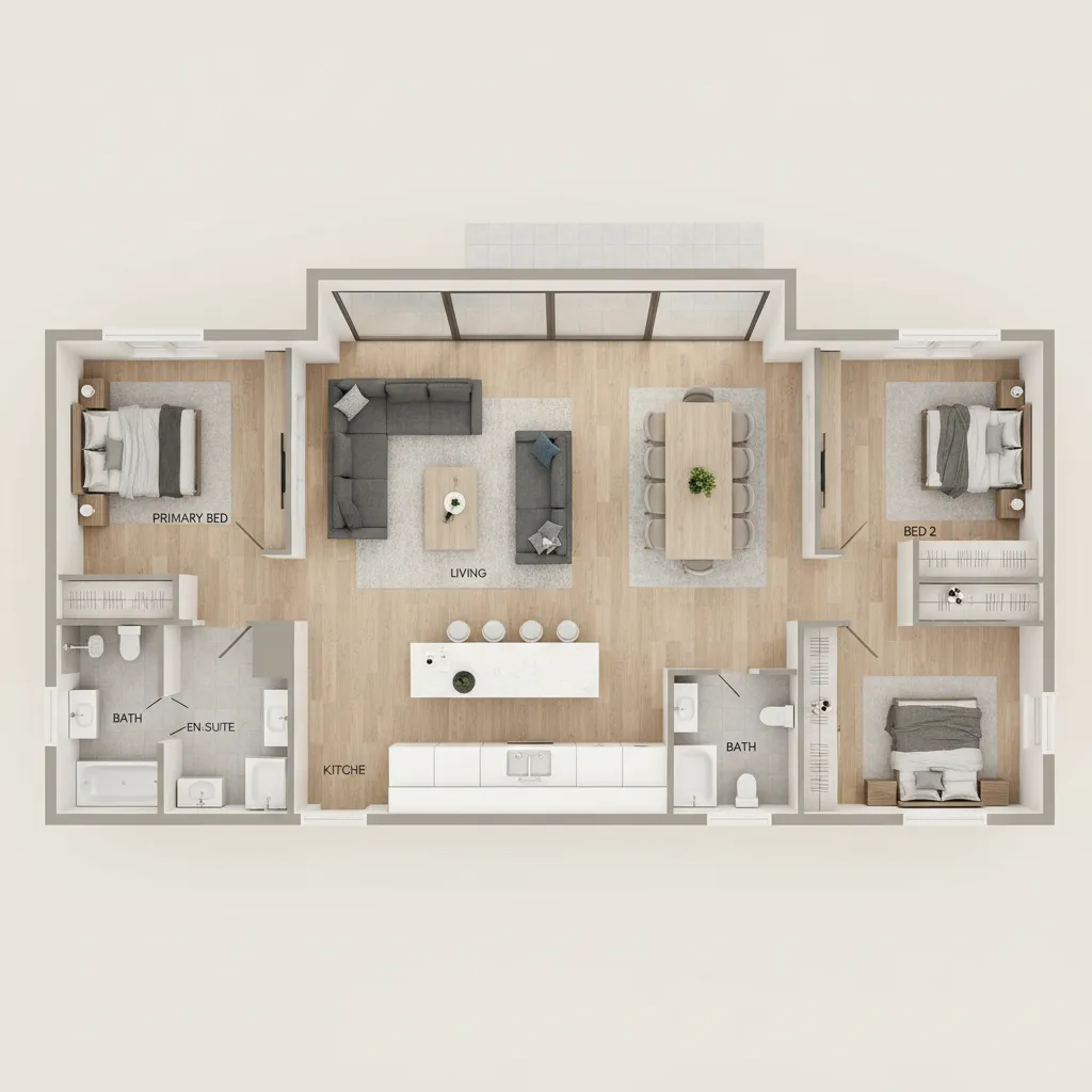 Three bedroom two bathroom floor plan layout with grey sofa dining table and wood flooring